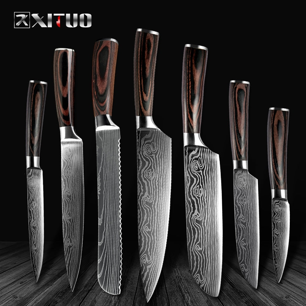 XITUO High quality 8"inch Utility Chef Knives laser Damascus steel Santoku kitchen Knives Sharp Cleaver Slicing Gift Knife